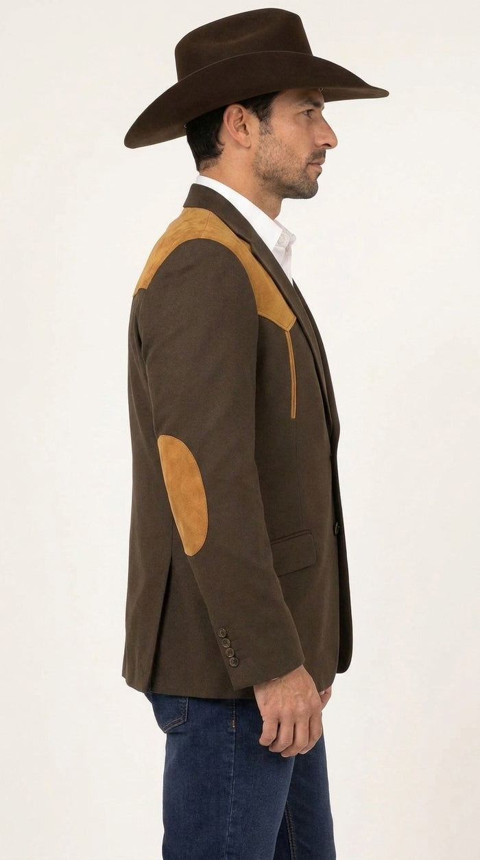 Men’s Chocolate Brown Western Blazer – Cowboy Sport Coat with Tan Suede Yoke for Rodeo & Country Wear
