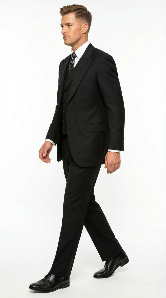 Tiglio Mens Black 3 Piece Suit – Single Button Classic Fit Pleated Wide Leg Pants Formal Business Chruch Suit - 100% Wool