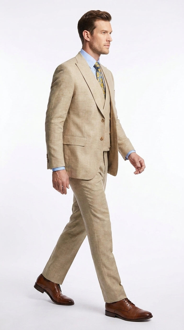 Men’s Great Gatsby Tan Summer Sharkskin 3 Piece – Double Breasted Vest Classic 1920s Groosmen Suit
