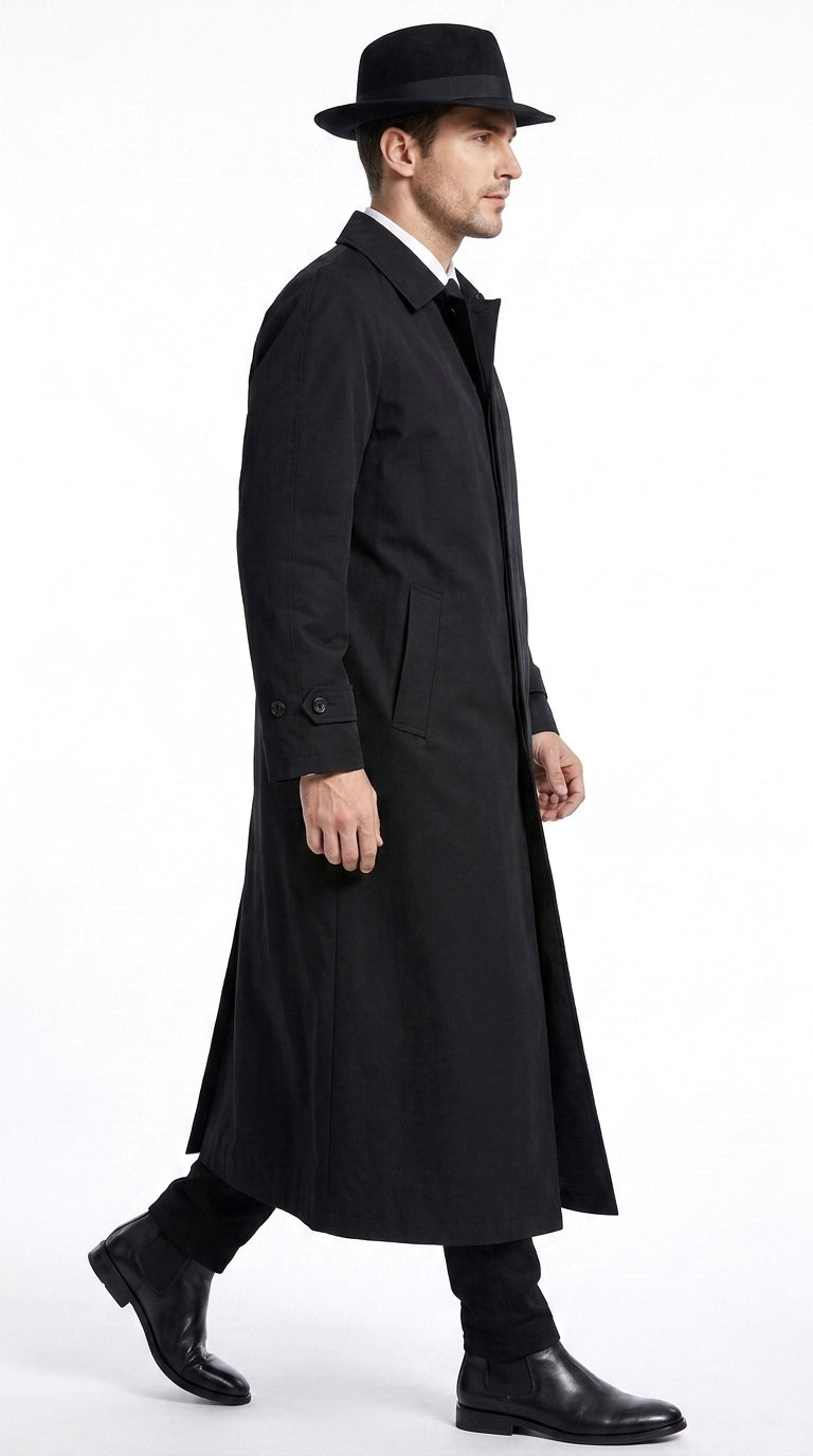 Men’s Neo Matrix Inspired Black Trench Coat – Long Full-Length Gothic Movie Style Overcoat