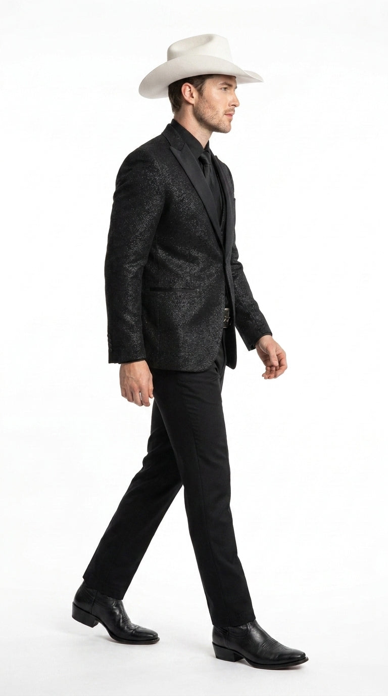 Men’s Black Western Tuxedo Blazer – Shimmer Cowboy Dinner Jacket Shiny Sparkely
