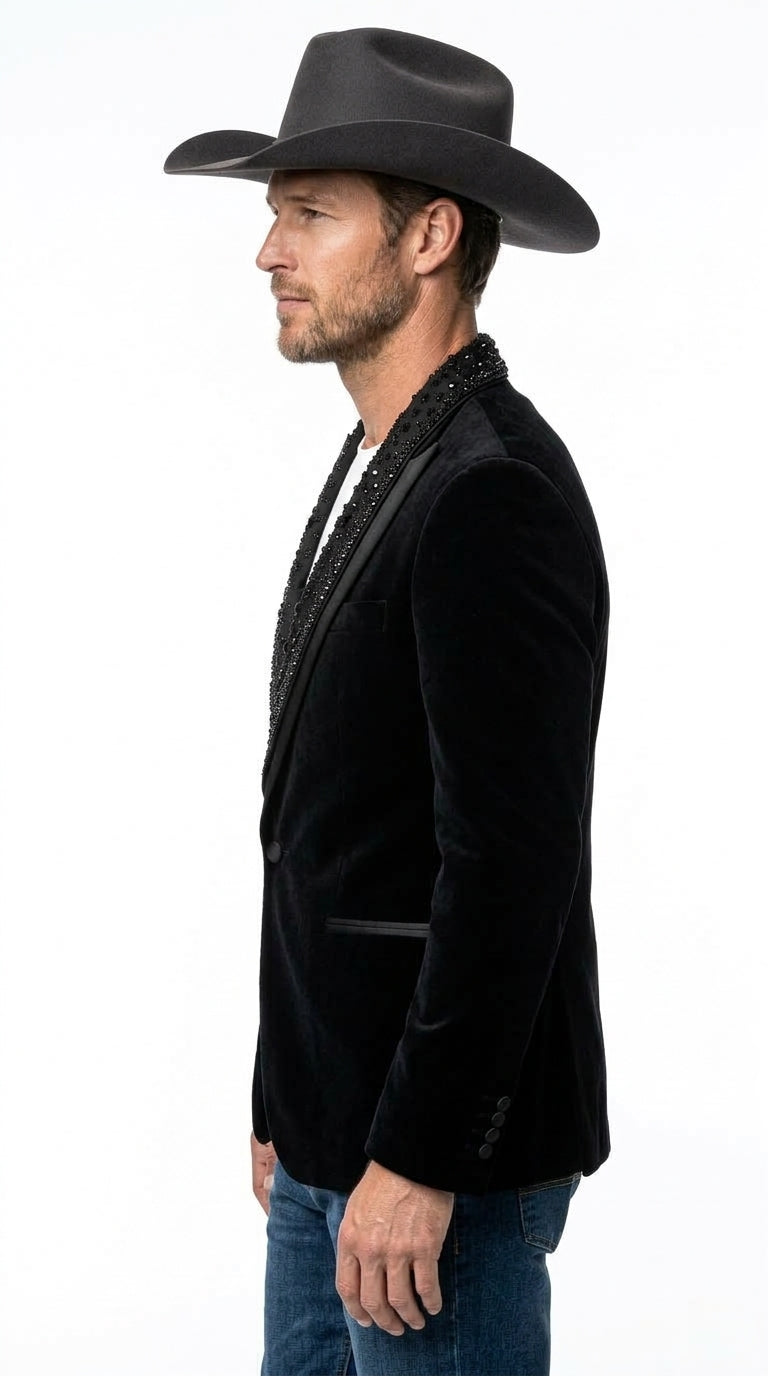Men’s Black Velvet Western Blazer – Rhinestone Formal Cowboy Sport Jacket Removable Rhinestone Glitter Lapel