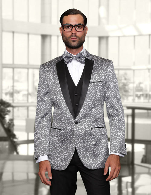 Silver grey men's vest with swirl pattern. Features notch lapel, black satin shawl, three-button front, and side pockets. Classic tuxedo style.
