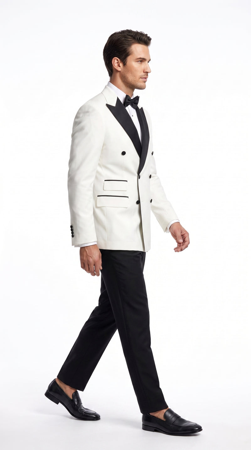 Men’s Vintage Hollywood Ivory Double-Breasted Tuxedo – Black Peak Lapel Wedding and Formal Suit