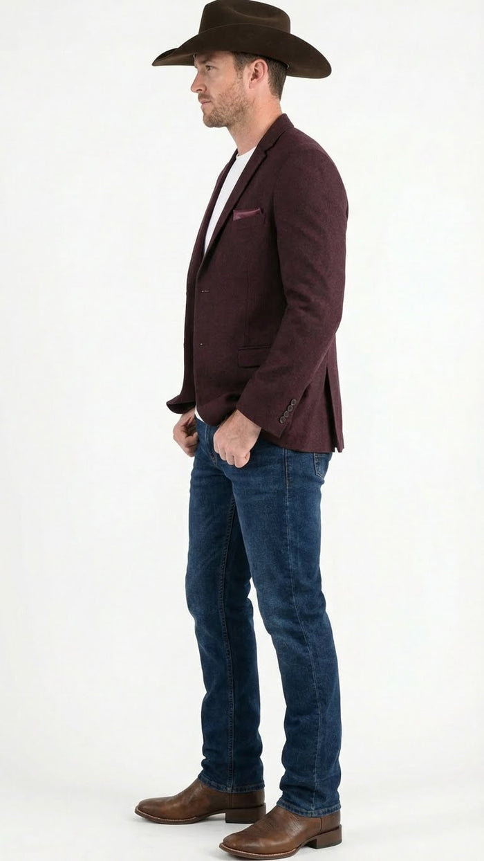Mens Burgundy Western  Blazer Jacket, Textured Cowboy Style Sport Coat for  - Tweed Herringbone Maroon Color