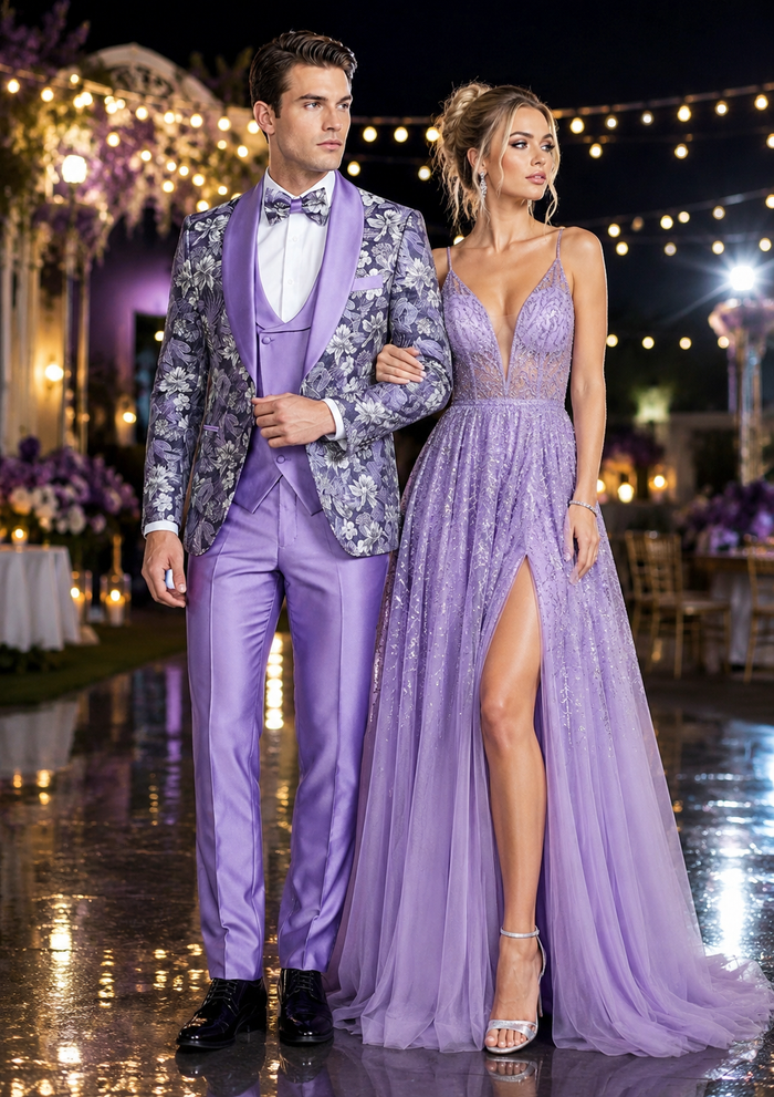 Men’s Lilac Lavender Prom Suit – Floral Shawl Lapel 3 Piece Tuxedo with Matching Vest and Pants