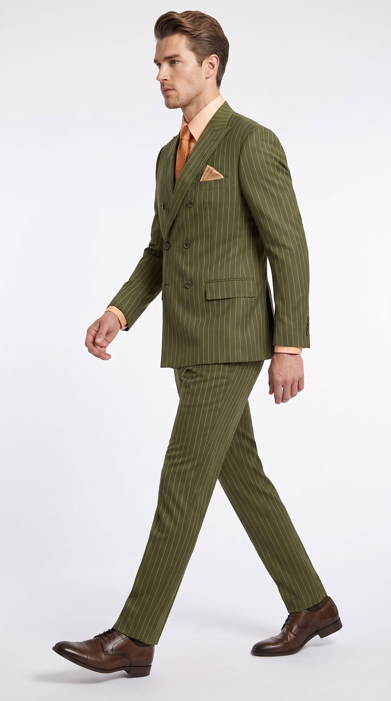 Men’s Olive Green Pinstripe Double-Breasted Suit – Classic Wedding, Business and Formal Suit