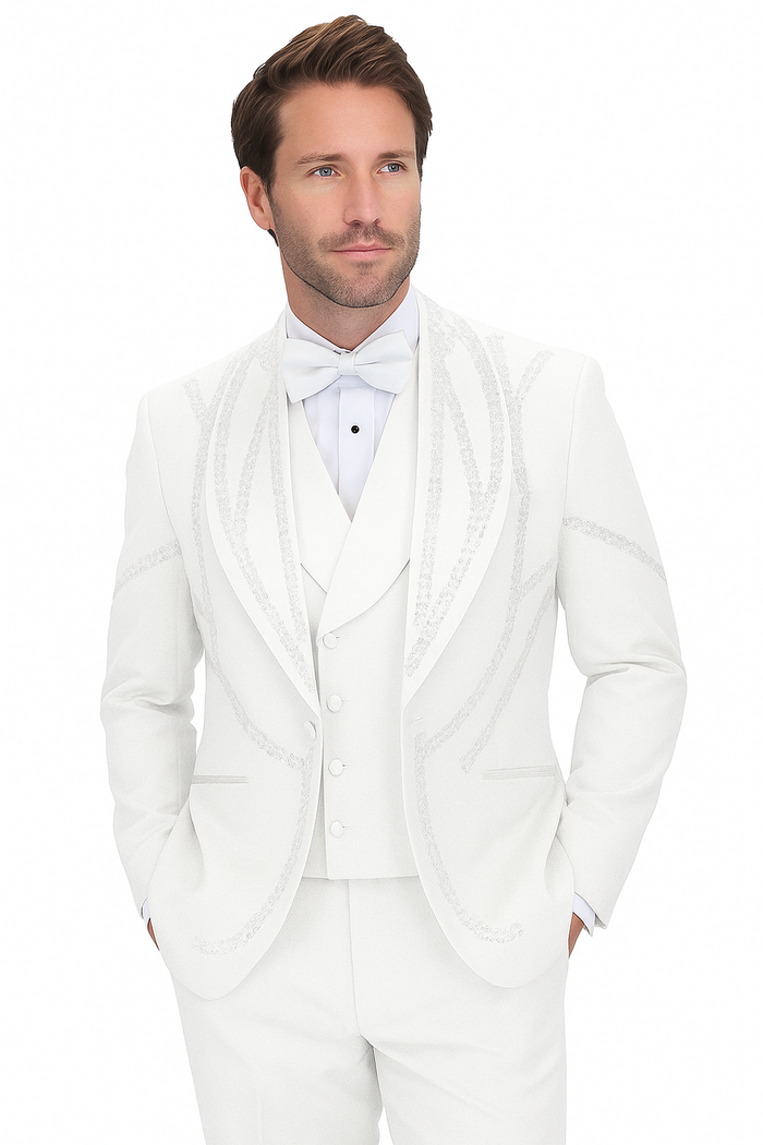 Alberto Nardoni white Italian wool tuxedo. Modern fit, 3-piece suit: jacket, vest, trousers. Features traditional lapel, buttoned vest, and classic-cut trousers. Smooth wool blend.