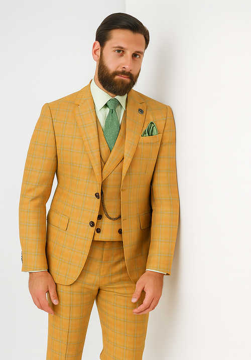 3 Piece Plaid Suit - Orange Mens Plaid Suit