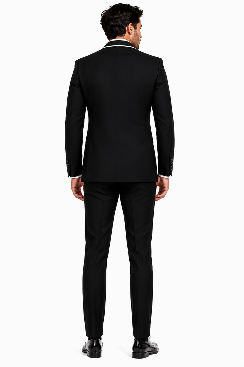 3-Piece Tailored Fit Wool Suit with Bow Tie and Flat Front Pants - Black