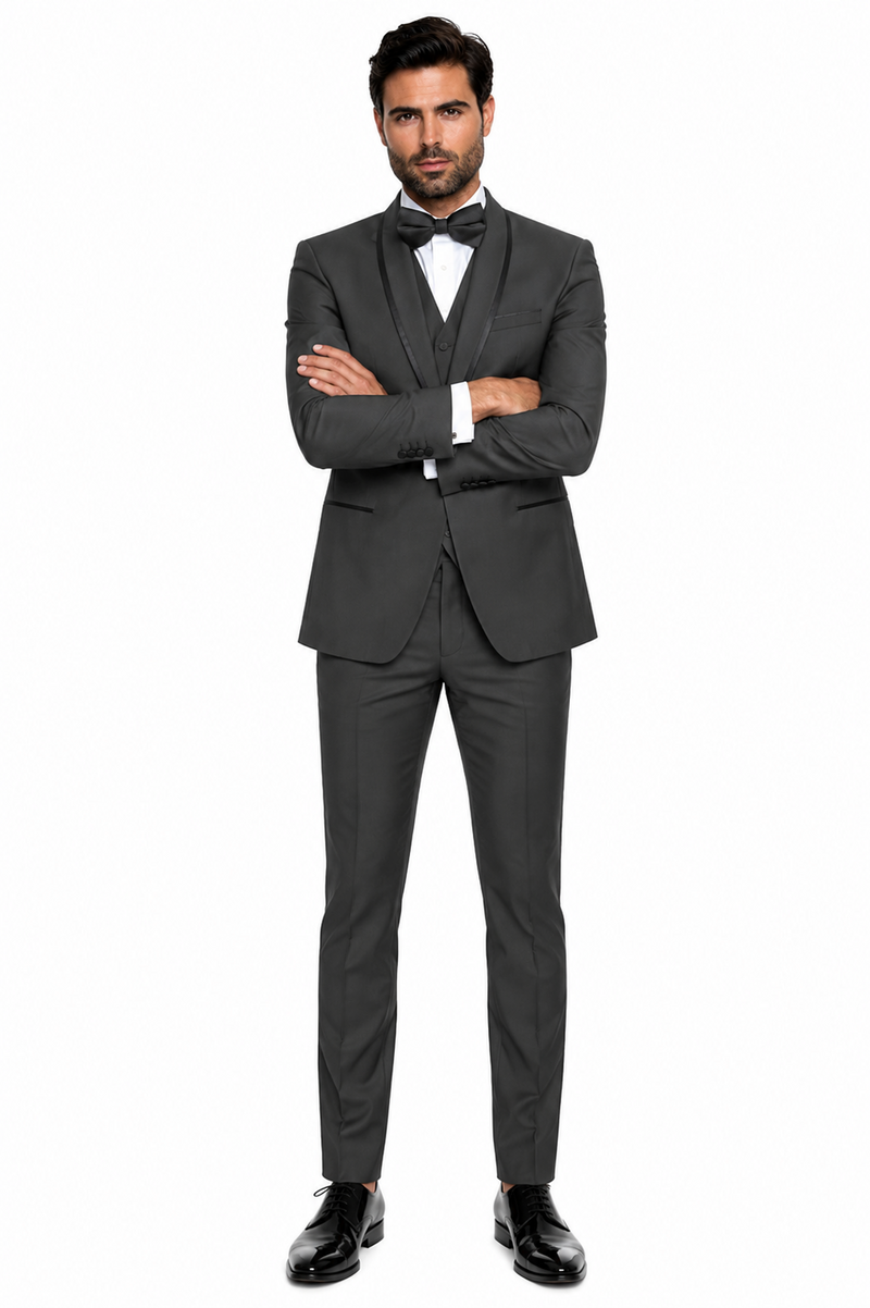 3-Piece Tailored Fit Wool Suit with Bow Tie and Flat Front Pants - Charcoal