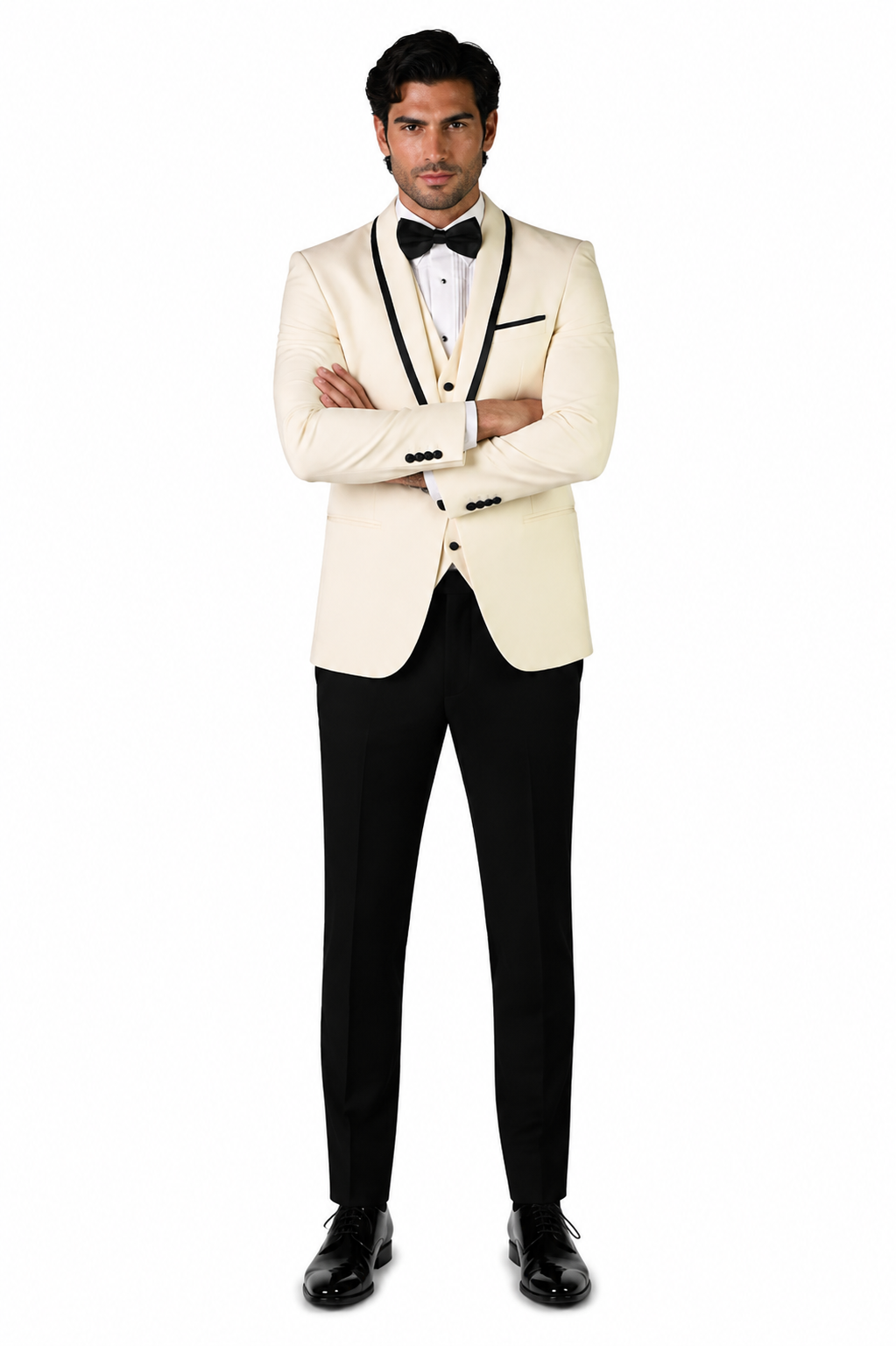3-Piece Tailored Fit Wool Suit with Bow Tie and Flat Front Pants - Off White