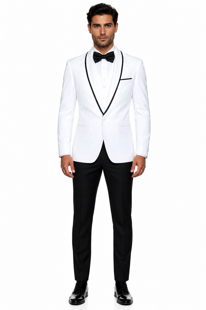 3-Piece Tailored Fit Wool Suit with Bow Tie and Flat Front Pants - White