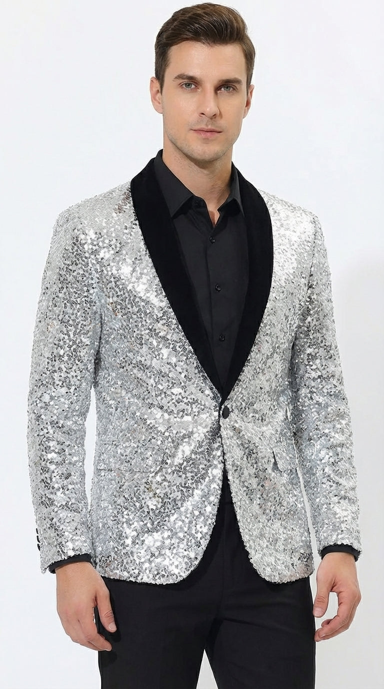 Men’s Silver Sequin Blazer Disco Style Jacket – Black Lapel Party Blazer, Shiny Evening Wear, 70s Dance Outfit, Formal Event Jacket