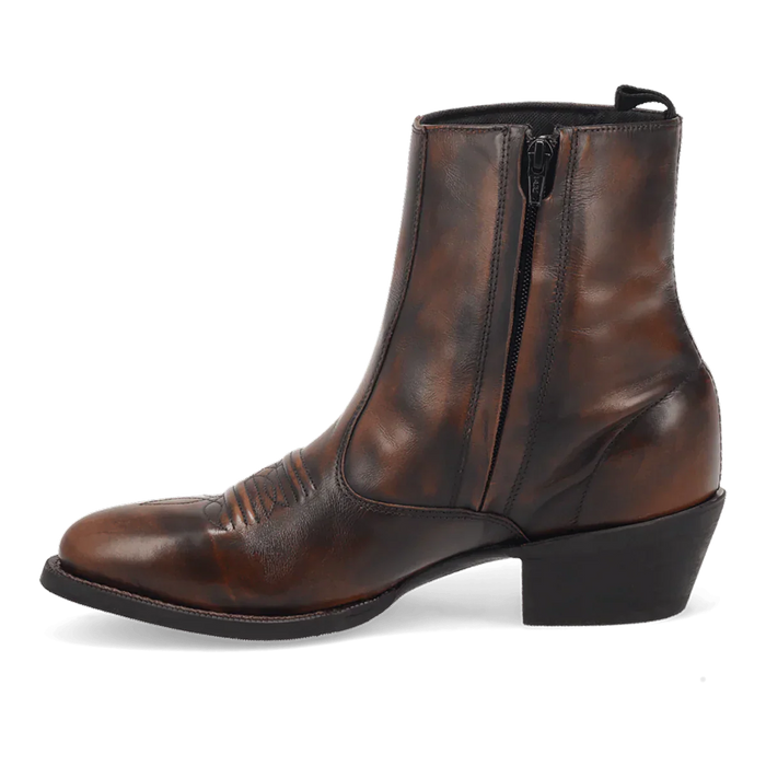 Laredo men's Fletcher boots. Brown leather, round toe, side zipper. Subtle front stitching, low stacked heel.
