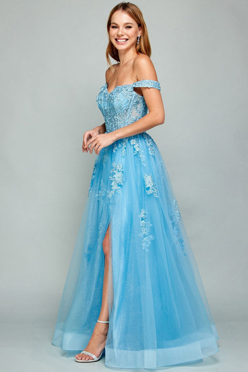 Adora Design 3002 Off Shoulder Glitter Applique A-Line Prom Dress