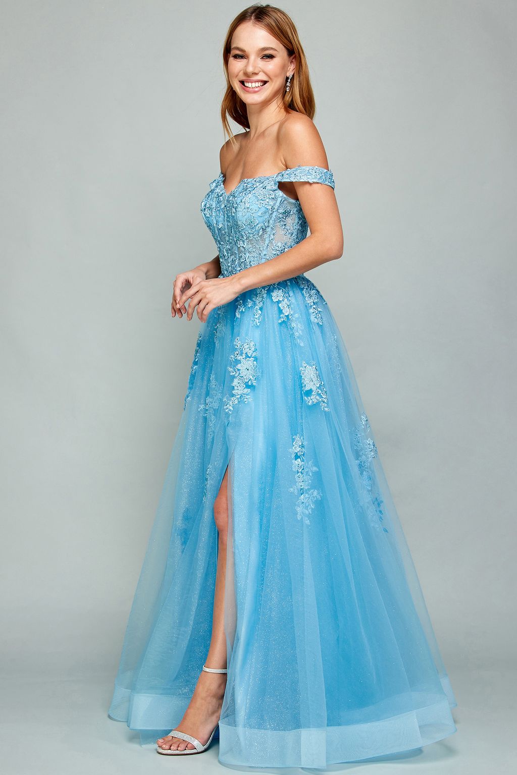 Adora Design 3002 Off Shoulder Glitter Applique A-Line Prom Dress