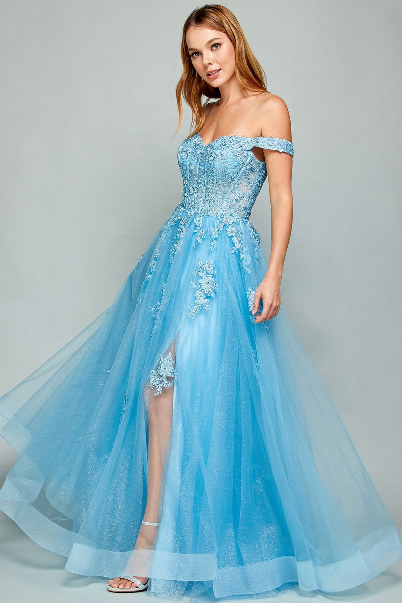 Adora Design 3002 Off Shoulder Glitter Applique A-Line Prom Dress