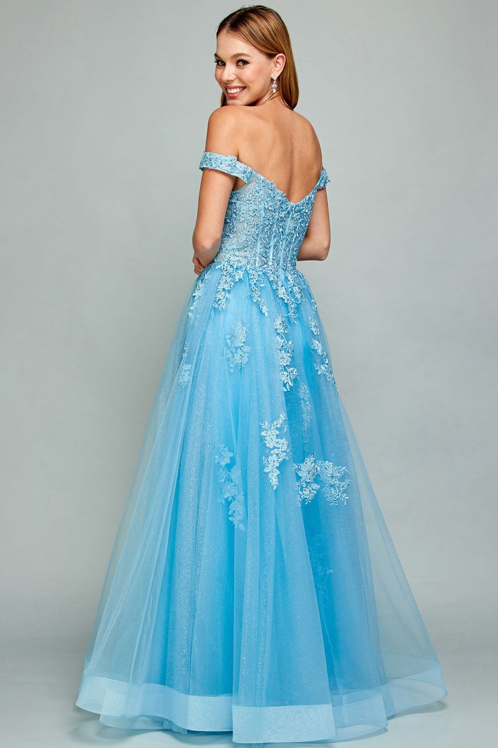 Adora Design 3002 Off Shoulder Glitter Applique A-Line Prom Dress