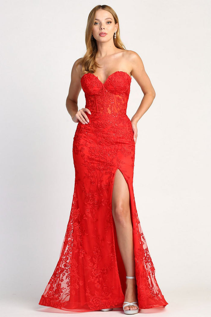 Adora Design 3025 Beaded Lace Fit and Flare Long Formal Prom Dress