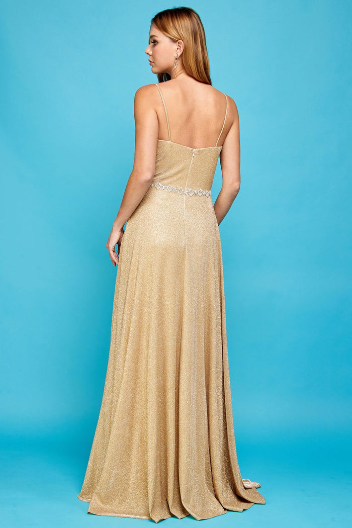Adora Design 3028 Metallic Glitter Pleated Long Formal Prom Dress