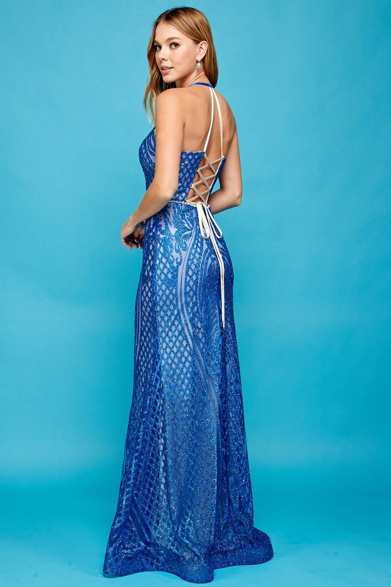 Adora Design 3037 Halter Lace-Up Fitted Long Formal Prom Gown