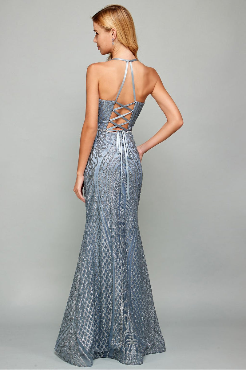 Adora Design 3037 Halter Lace-Up Fitted Long Formal Prom Gown