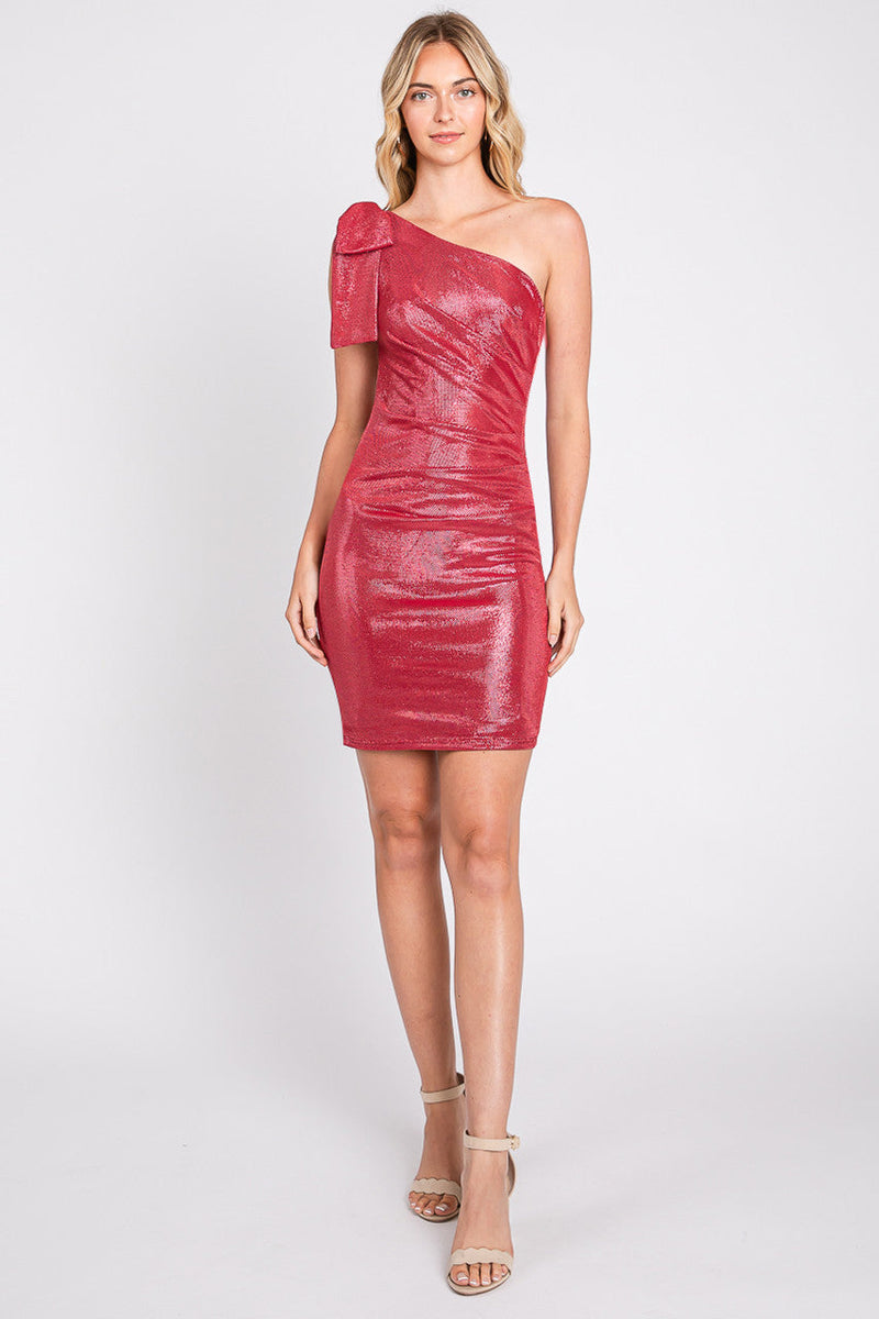 One-Shoulder Ruched Metallic Bodycon Dress Galaxy Blend by Perrty 3054