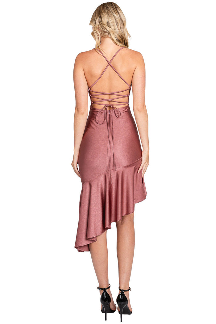 Sculpted Cowl Neck Asymmetric Midi Dress in Shiny Venus by Perrty 3064