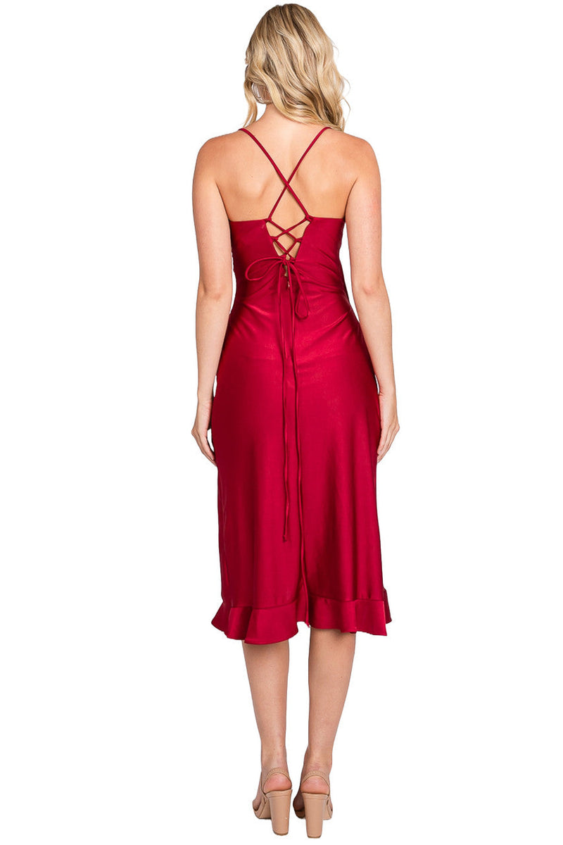Sleek Fitted Wrap Ruffled Midi Dress with Corset Back by Perrty 3065
