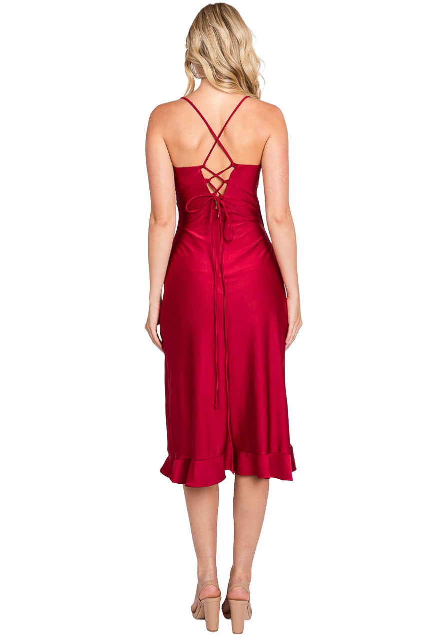 Sleek Fitted Wrap Ruffled Midi Dress with Corset Back by Perrty 3065