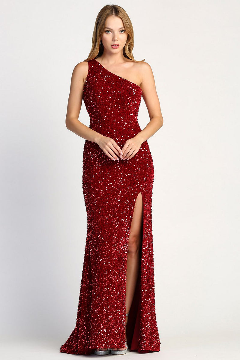 Adora Design 3067 One Shoulder Sequin Cutout Slit Gown