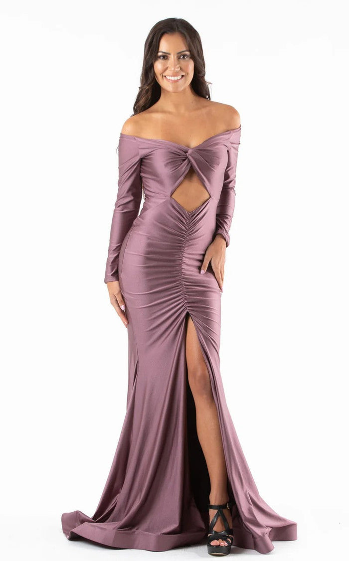 Jessica Angel JA306 Off-Shoulder Fitted Ruched Slit Prom Formal Jersey Dress
