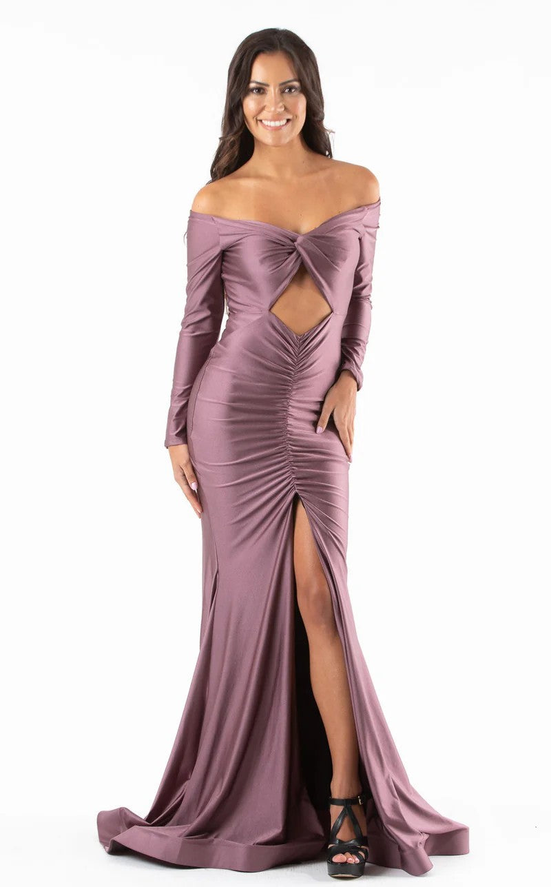 Jessica Angel JA306 Off-Shoulder Fitted Ruched Slit Prom Formal Jersey Dress