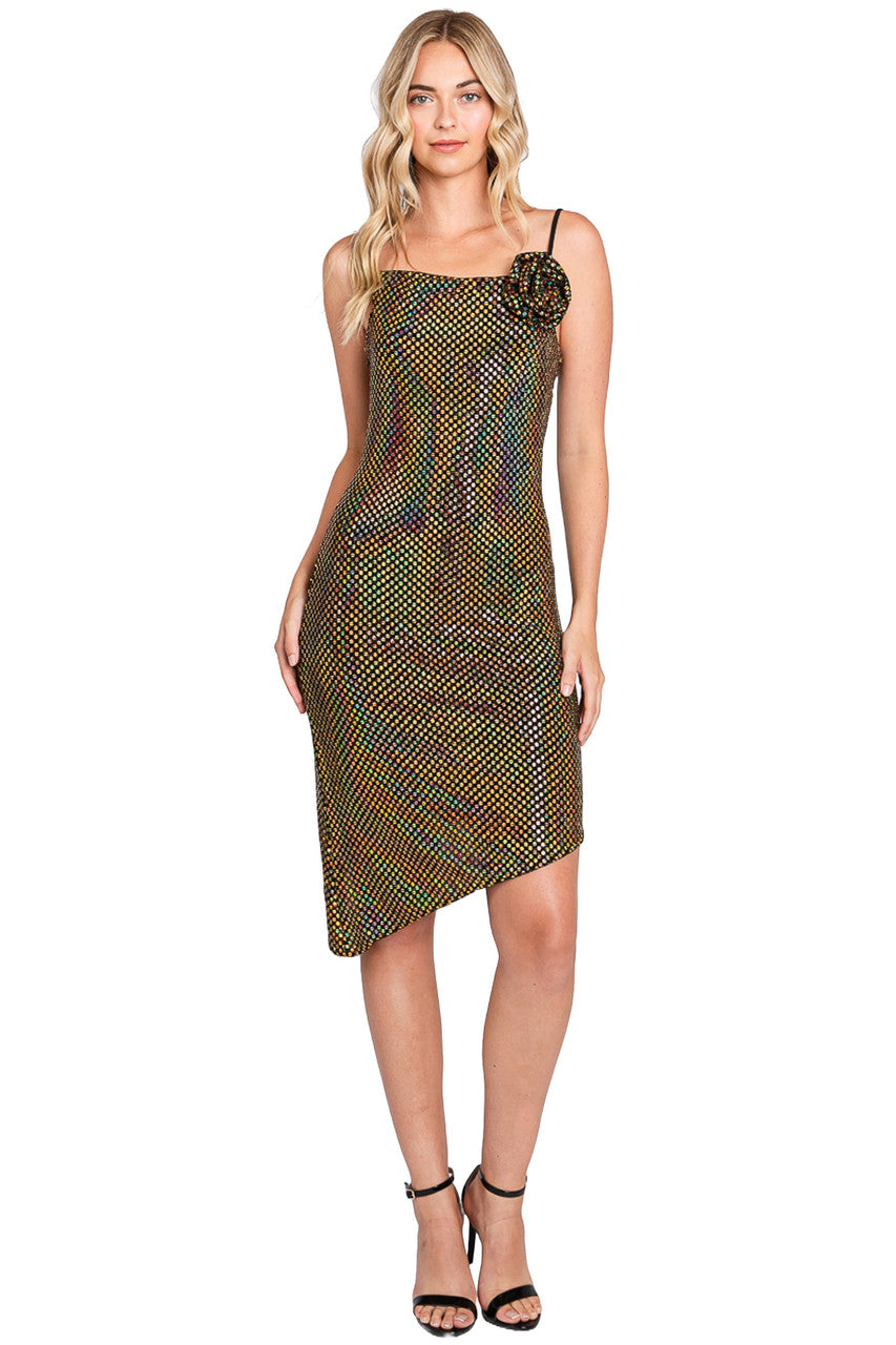 Metallic Asymmetric Cowl Neck Nylon Cocktail Dress by Perrty 3072