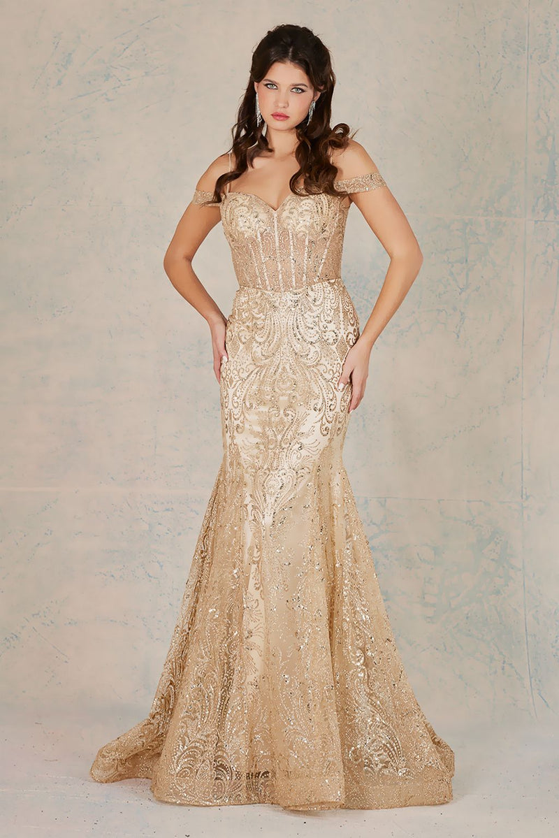 Adora Design 3076 Off Shoulder Glitter Sheer Boned Prom Gown