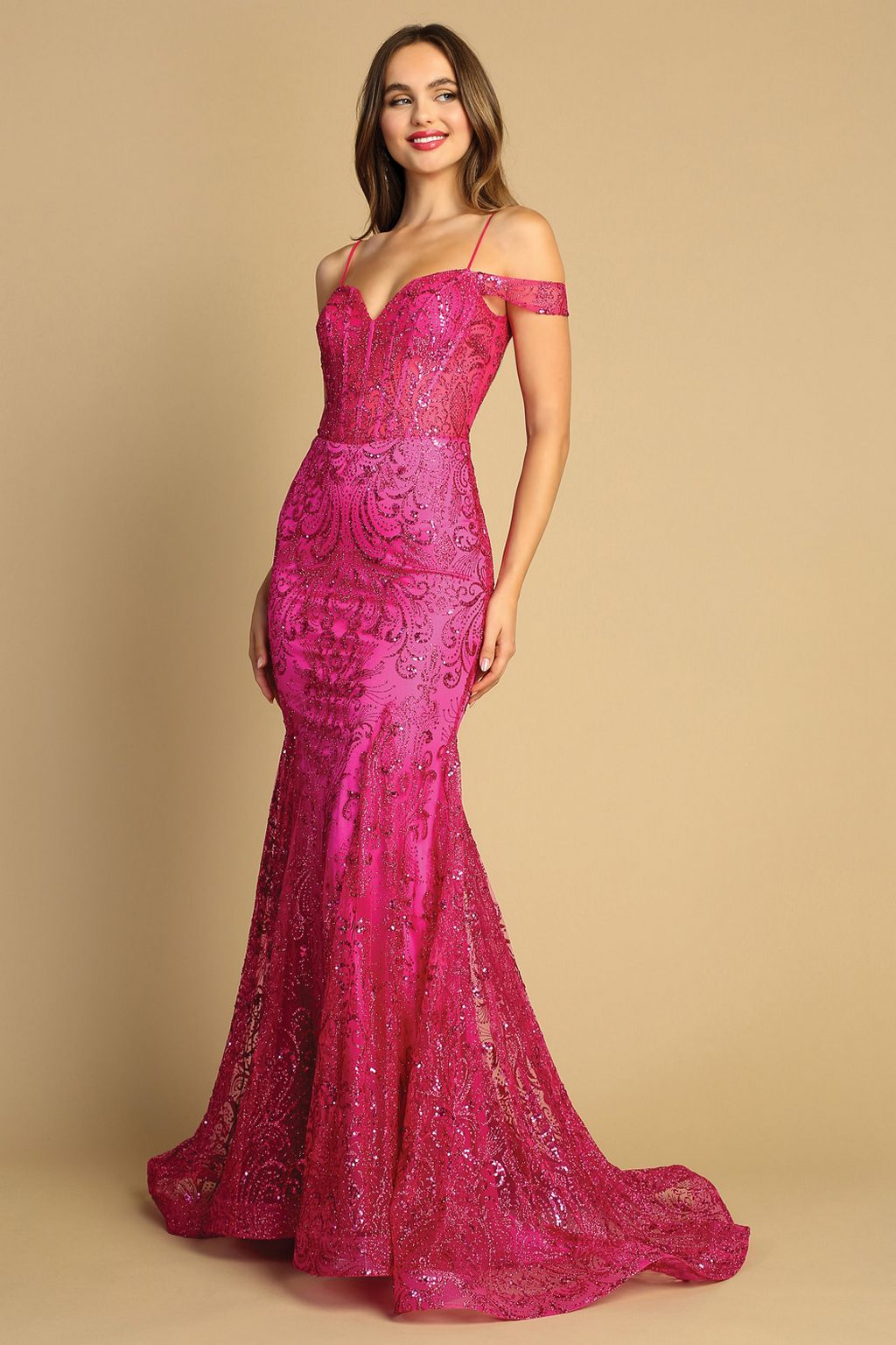 Adora Design 3076 Off Shoulder Glitter Sheer Boned Prom Gown