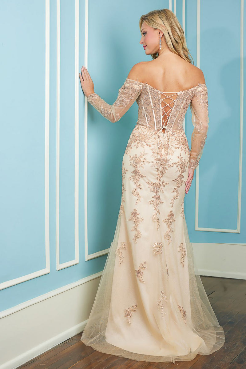 Adora Design 3079 Off Shoulder Beaded Sheer Corset Prom Gown