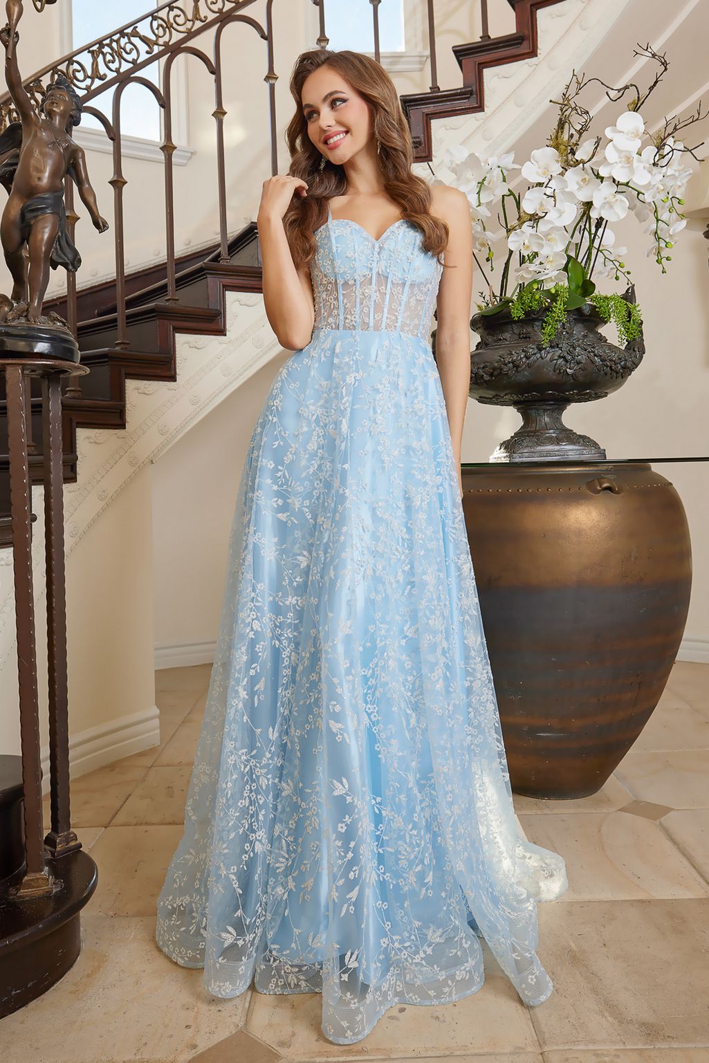 Adora Design 3095 Floral Spaghetti Strap A-Line Long Prom Dress