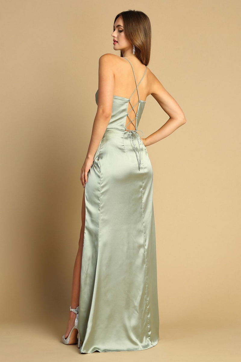 Adora Design 3102 Satin Corset Cowl Neck Slit Formal Prom Gown