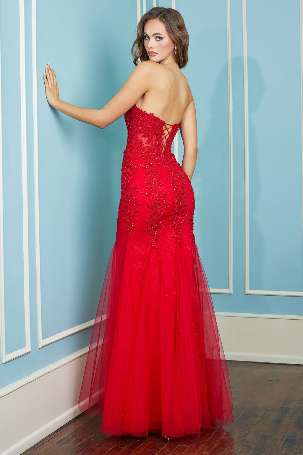 Adora Design 3108 Strapless Mermaid Glitter Lace Applique Prom Dress