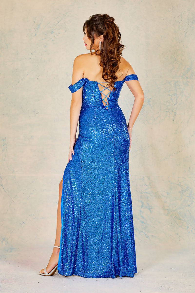 Adora Design 3119 Off-Shoulder Long Fitted Corset Sequin Prom Dress