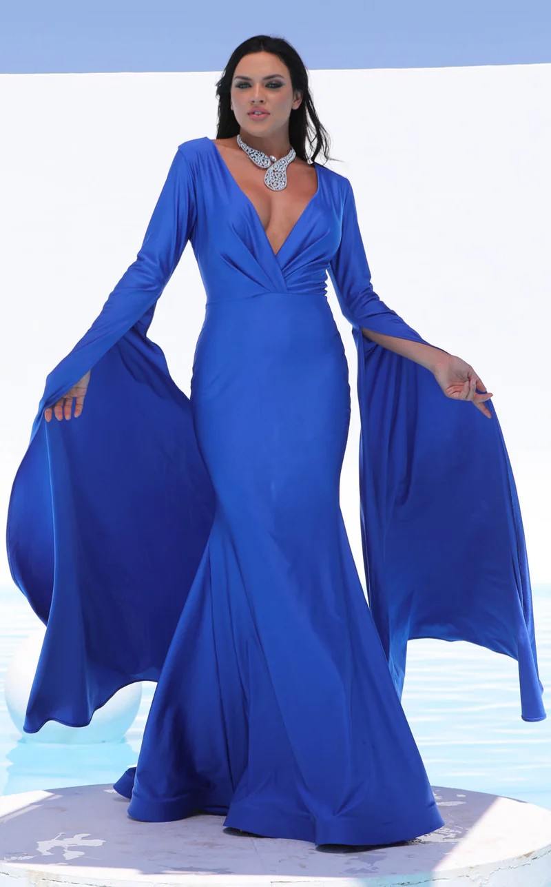 Jessica Angel JA311 V-Neck Fitted Train Evening Formal Floor-Length Jersey Dress