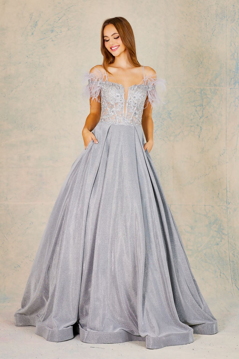 Adora Design 3128 Metallic Glitter Feather Off Shoulder Prom Gown