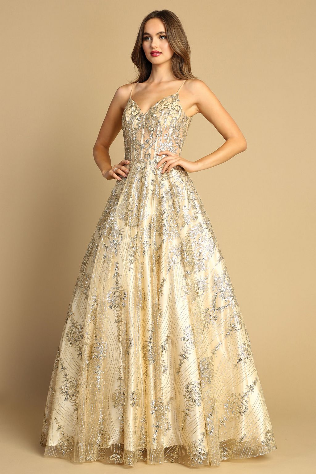 Adora Design 3141 Glitter Spaghetti Strap A-Line Long Prom Dress