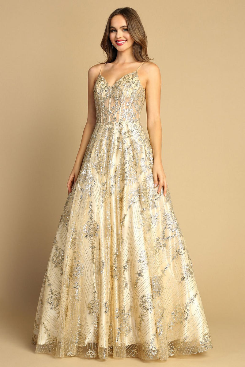 Adora Design 3141 Glitter Spaghetti Strap A-Line Long Prom Dress