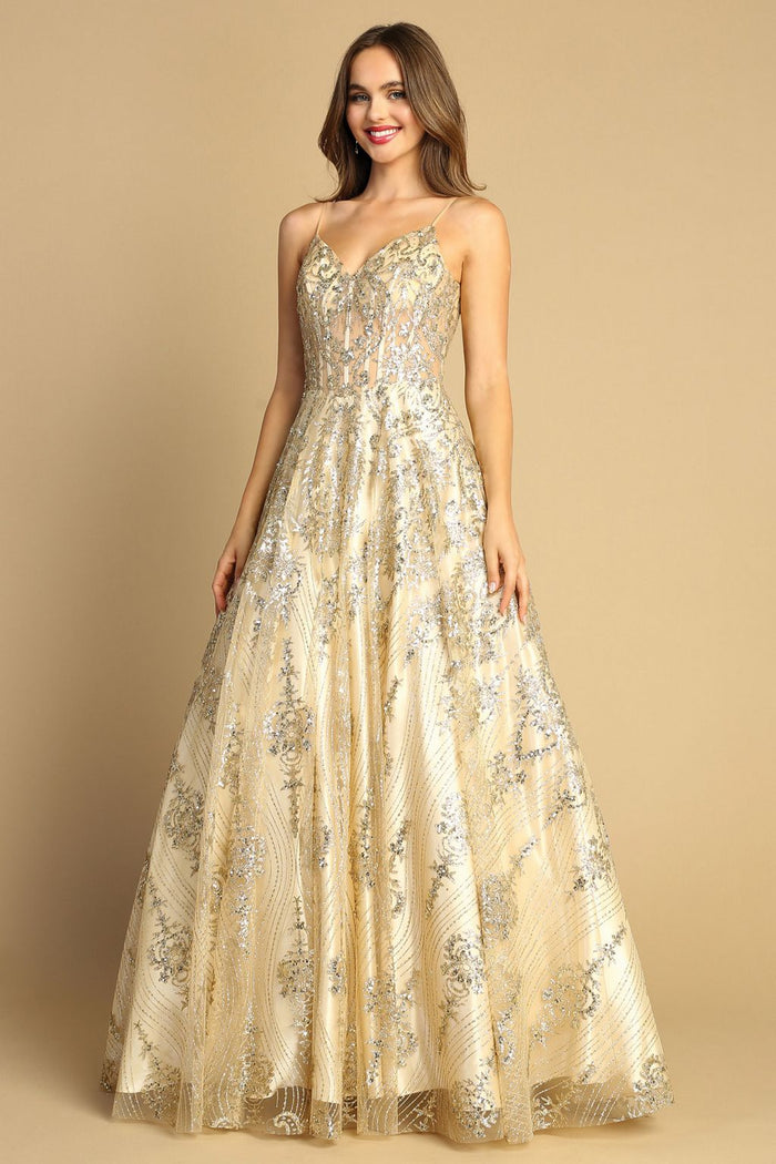 Adora Design 3141 Glitter Spaghetti Strap A-Line Long Prom Dress