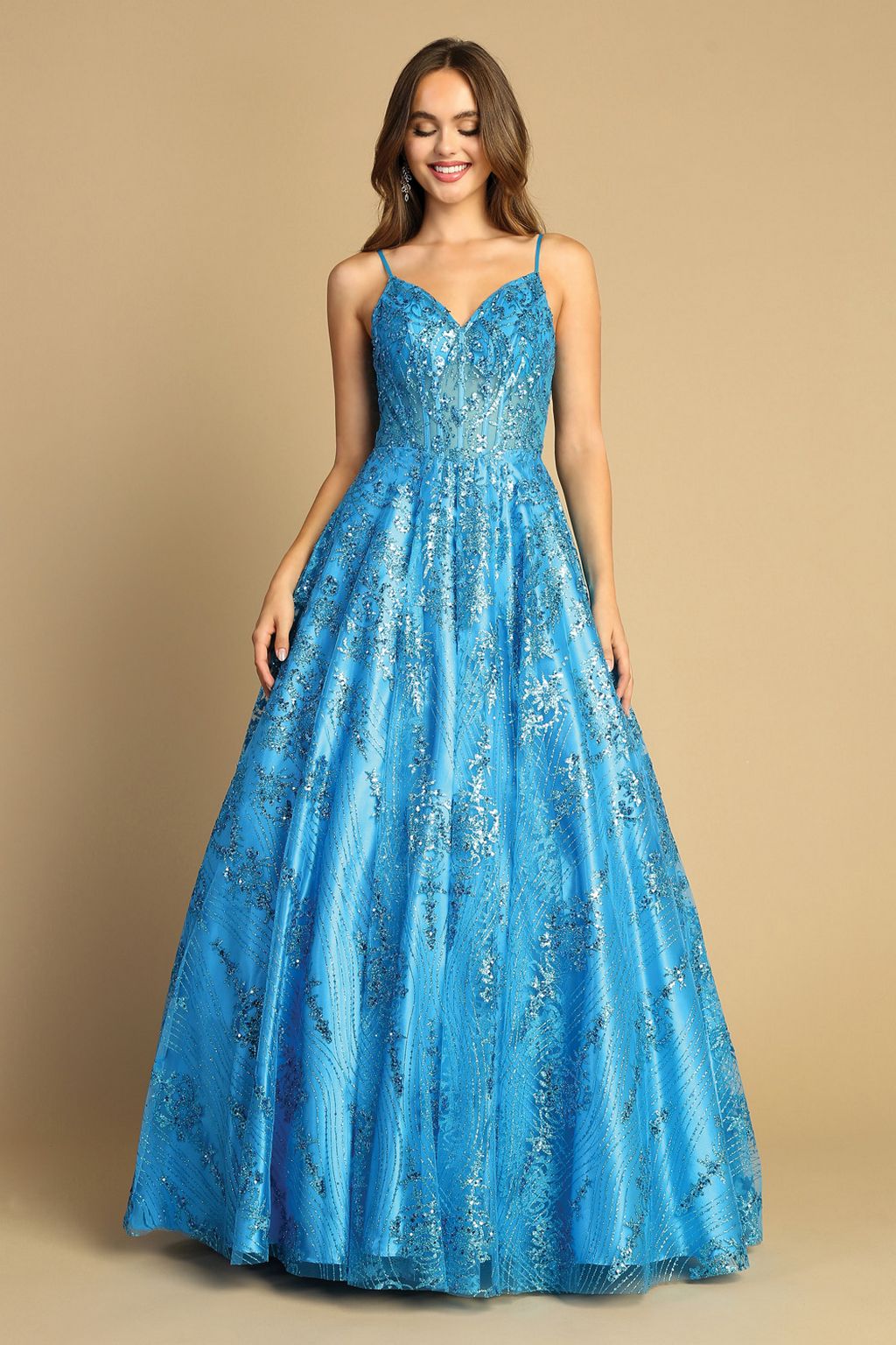 Adora Design 3141 Glitter Spaghetti Strap A-Line Long Prom Dress
