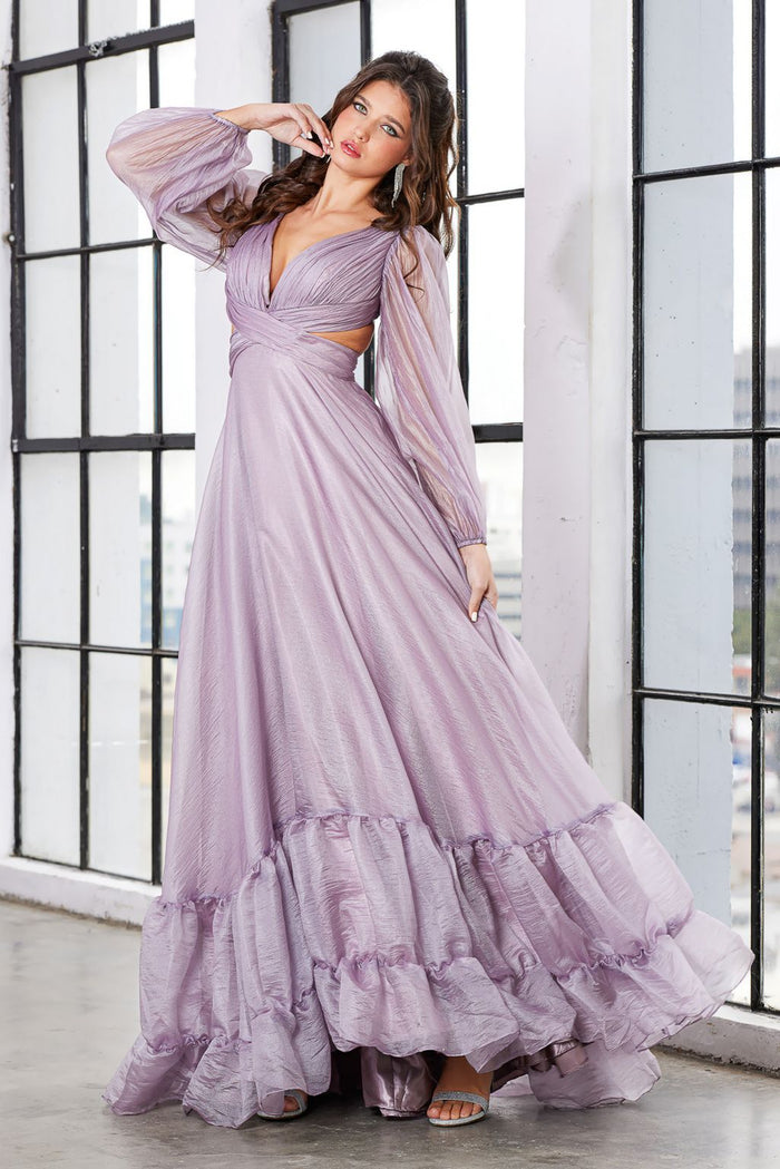 Adora Design 3149G A-Line Tiered Ruffle Long Sleeve Prom Gown