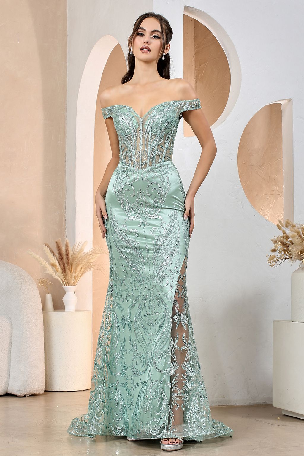 Adora Design 3168 Off Shoulder Glitter Print Mermaid Prom Gown